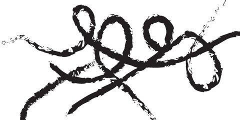 An abstract, raw, and energetic composition of multiple intertwining, continuous lines in solid, distressed black brushstroke texture, forming chaotic loops, sharp angles, and sweeping strokes