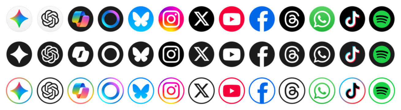 Social media icon set, social network logos facebook, instagram, x, threads, youtube, whatsapp, spotify. New Artificial Intelligence ai apps: chatgpt, meta ai, microsoft copilot, google gemini