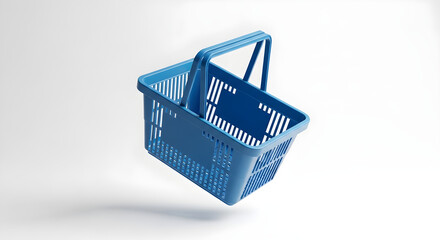 Blue shopping basket in air on white background