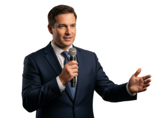 Confident Businessman Speaking into Microphone PNG