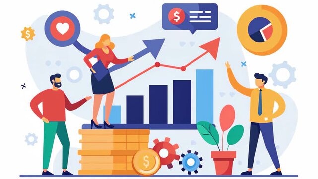 Several individuals stand atop a stack of coins, symbolizing financial success and teamwork in sales, Cooperate for sales business trending, Simple and minimalist flat 2d Animation