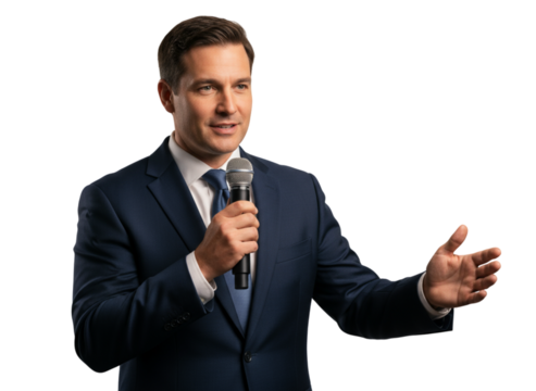 Confident Businessman Speaking into Microphone PNG