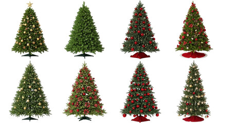 Collection of eight artificial christmas trees of various sizes and decorations, isolated on transparent background