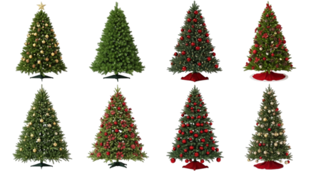 Collection of eight artificial christmas trees of various sizes and decorations, isolated on transparent background
