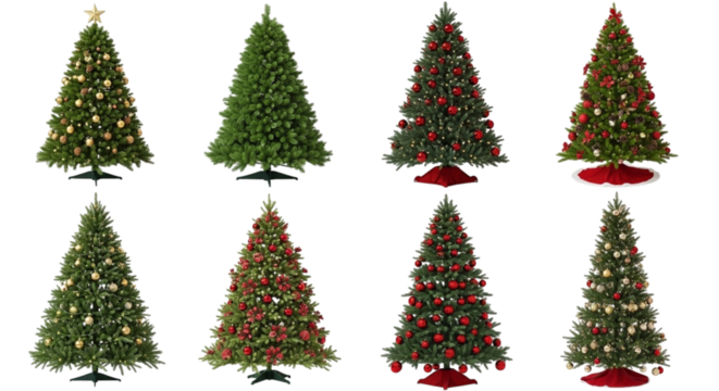 Collection of eight artificial christmas trees of various sizes and decorations, isolated on transparent background