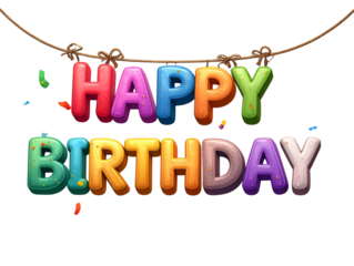  Happy Birthday Colorful 3D Text Banner Hanging on Rope with Confetti.