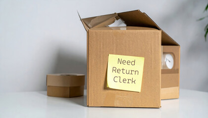 Note for return clerk on cardboard box highlights job opening reflecting current labor market shortages and urgent need to fill important vacant position