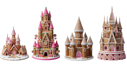 Collection of four intricately decorated gingerbread castles with pink and white icing, isolated on transparent background