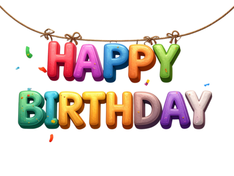  Happy Birthday Colorful 3D Text Banner Hanging on Rope with Confetti.