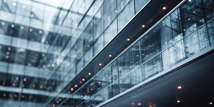 Modern Glass Building Facade with Reflections and Warm Interior Lights - Powered by Adobe