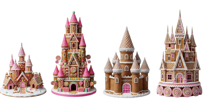 Collection of four intricately decorated gingerbread castles with pink and white icing, isolated on transparent background