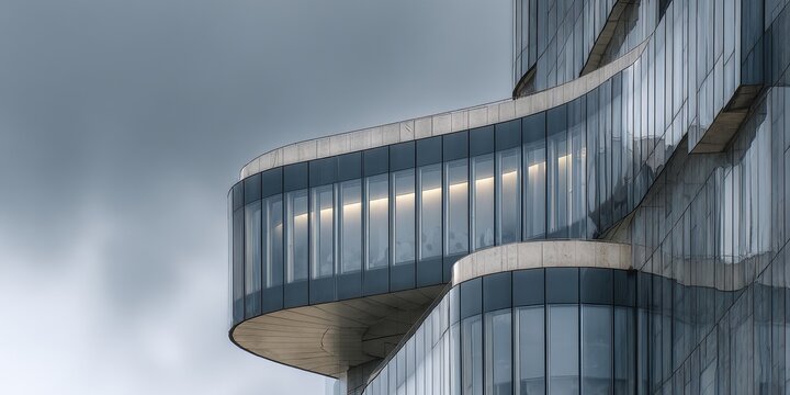 Modern glass skyscraper with curved balconies and elegant architectural details.