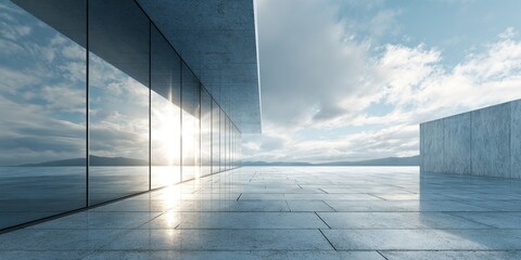 Modern Minimalist Building with Glass Facade Reflecting Sky and Clouds