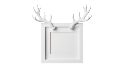 White square frame with white reindeer antlers, isolated on transparent background