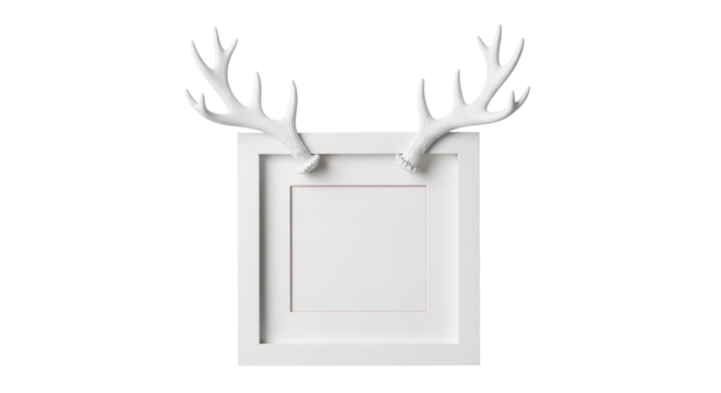 White square frame with white reindeer antlers, isolated on transparent background