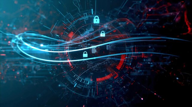 A futuristic, dark background image with a glowing digital circle and lines, featuring three prominent padlock icons in light blue, suggesting cybersecurity and data protection.
