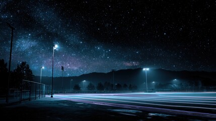 Night sky filled with stars over a dark field illuminated by bright lights showing trails from passing cars