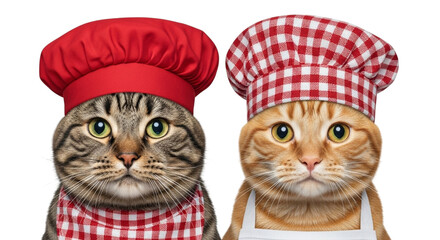 Two cute cats wearing chef hats and aprons, one with a red hat and the other with a red checkered hat isolated on transparent background
