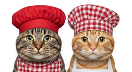 Two cute cats wearing chef hats and aprons, one with a red hat and the other with a red checkered hat isolated on transparent background