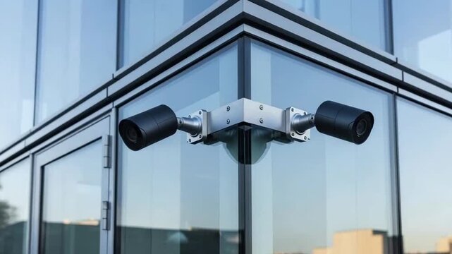 CCTV camera mounted on a modern glass building corner in a bright urban environment