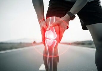 Person holding knee with red pain overlay on road showing injury and discomfort from exercise or strain