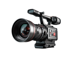 Professional video camera, dark background, studio shot.  Large lens, multiple controls