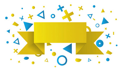 Bright yellow ribbon banner with abstract colorful shapes and confetti isolated on transparent background