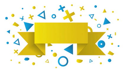 Bright yellow ribbon banner with abstract colorful shapes and confetti isolated on transparent background