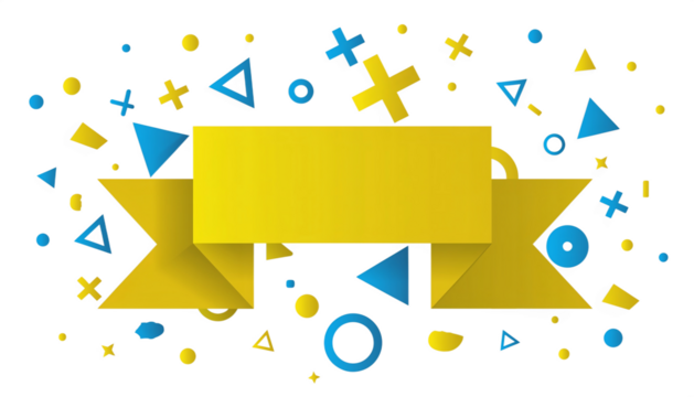 Bright yellow ribbon banner with abstract colorful shapes and confetti isolated on transparent background