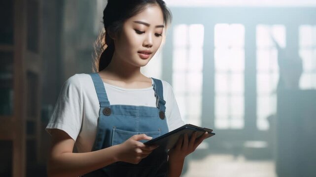 An Asian woman dressed in blue overalls sits at a table reading a book inside a library with large windows letting natural light in.
