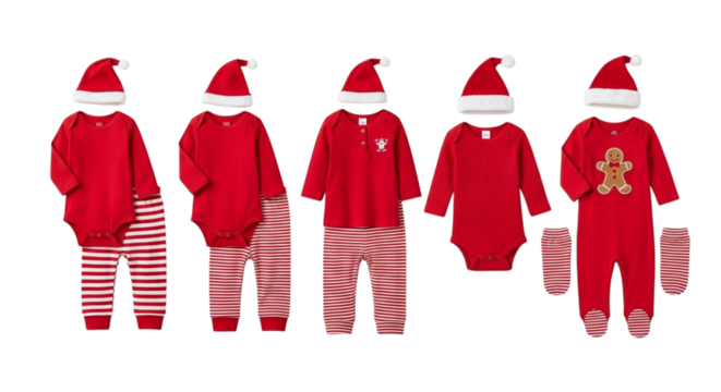 Collection of five baby christmas outfits with santa hats, red bodysuits, and striped pants or footies, isolated on transparent background