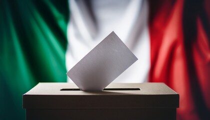 a paper in a voting box; blurred italy flag background