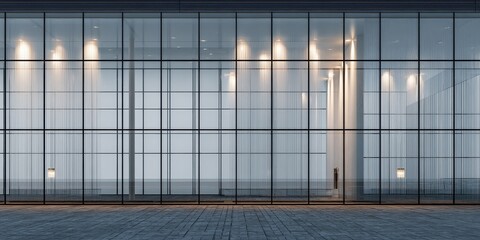 Modern Glass Facade with Illuminated Interior and Paved Ground