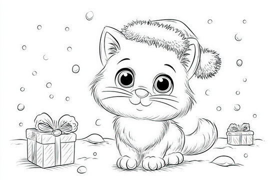 Simple Christmas Cat with Santa Hat Coloring Page, coloring page for kids, simple outline illustration. Coloring book.