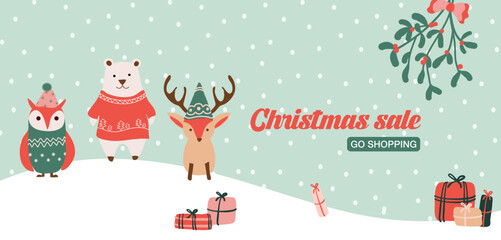 Bannière de site pour noël, animaux habillés avec écharpe, bonnets et pulls de Noel sous la neige. Illustrations vectorielles, parfaite pour les réseaux et les offres de fin d'année.