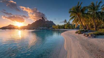 Breathtaking sunset view over peaceful lagoon and tropical beach with palm trees in a serene island setting