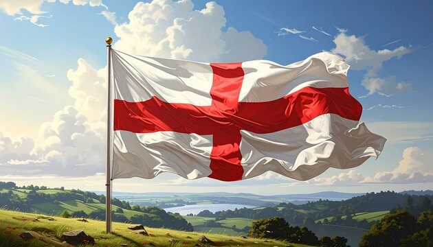 Waving flag of Saint George in front of a stylized landscape and blue sky