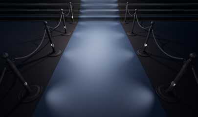 stairs with grey carpet, grey carpet and velvet ropes leading up the staircase.