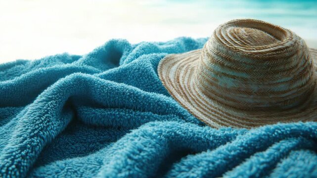 A blue towel with a straw hat on top of it. The hat is brown and has a straw brim
