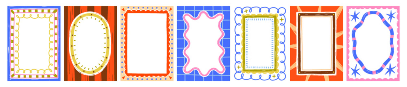 Doodle-style picture frames set. Modern cute abstract decorative borders, whimsical creative backgrounds, design elements, decorations. Flat vector illustrations isolated on white background