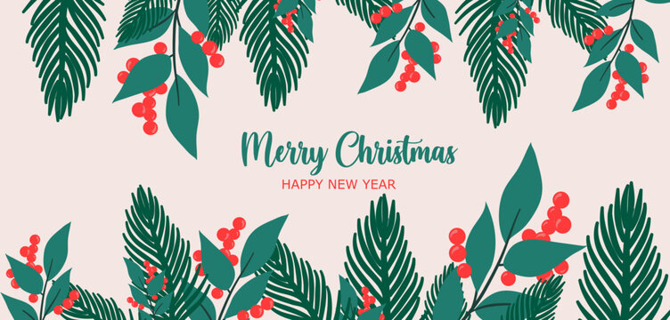 En t&ecirc;te site web "Joyeux Noel et Bonne ann&eacute;e" avec un contour de branches de houx et de sapin. Parfait pour donner une ambiance chaleureuse &agrave; votre e-shop pour les f&ecirc;tes de fins d'ann&eacute;es