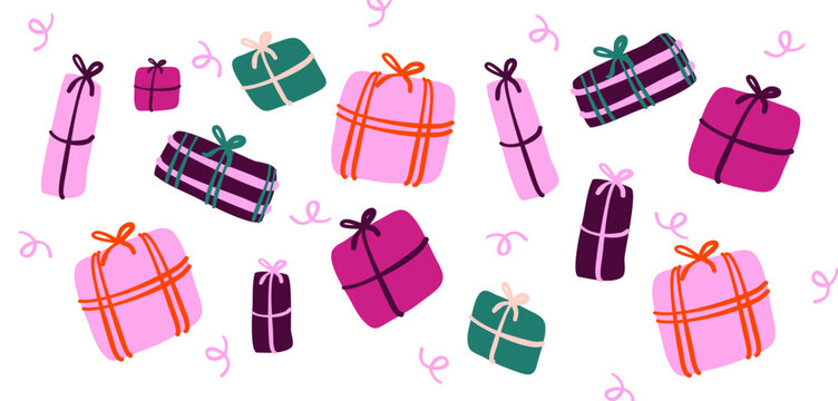 Banni&egrave;re d&eacute;corative avec papiers cadeaux rose violet et vert pour un no&euml;l girly et color&eacute;. Illustrations vectorielles &agrave; imprimer pour papier cadeaux, affiches ou cartes de voeux