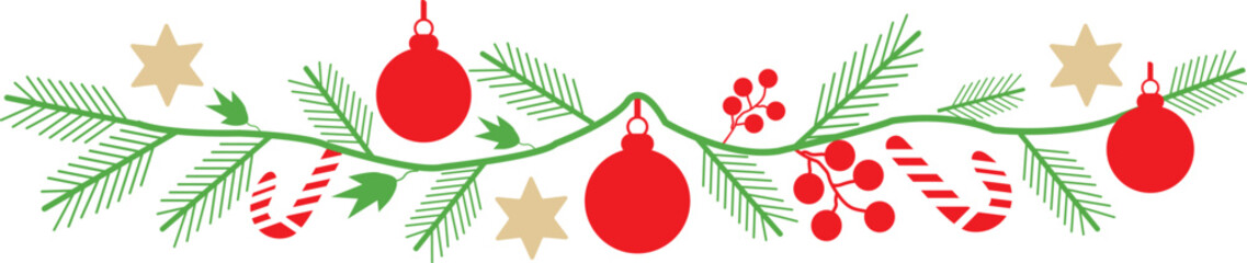 Festive christmas garland with fir branches, red ornaments, and candy canes Vector