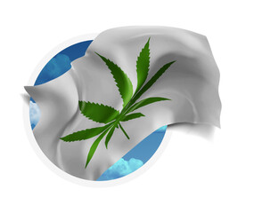 Сannabis, vector 3d flag against a blue sky, through a round hole on a white background