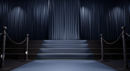grey carpet with barrieres leading to black curtains stage