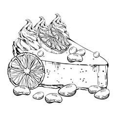 Orange slices on cheesecake portion, chocolate souffle layer cake with custard cream swirls, candy dragee bonbons. Vector ink dessert clipart. Menu cards, edible-themed frame accents, party labels.