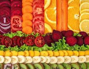Sliced fruits, vegetables aligned in colorful rows
