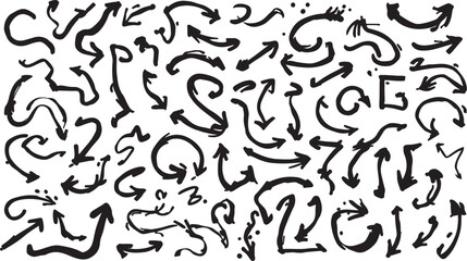 Fototapeta premium Collection of Black Hand Drawn Arrows and Swirls on White Background Keywords: arrow, direction, pointer, sign, symbol, graphic, design, element, illustration, hand drawn, sketch, doodle, brush