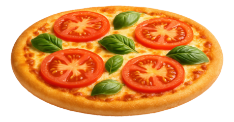 Margherita pizza topped with fresh tomato slices, basil leaves, and melted cheese on a thin crust.