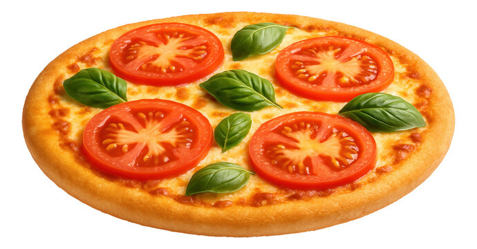 Margherita pizza topped with fresh tomato slices, basil leaves, and melted cheese on a thin crust.